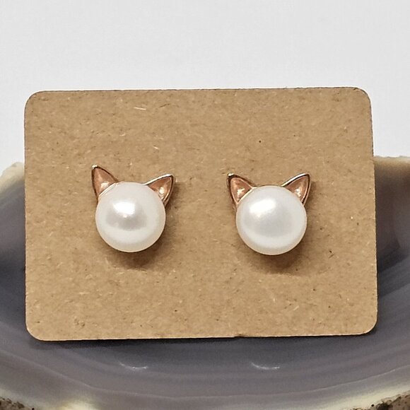 925 Sterling Silver Vermeil Button Pearl Pierced Cat Earrings Studs Rose Gold - Picture 10 of 12